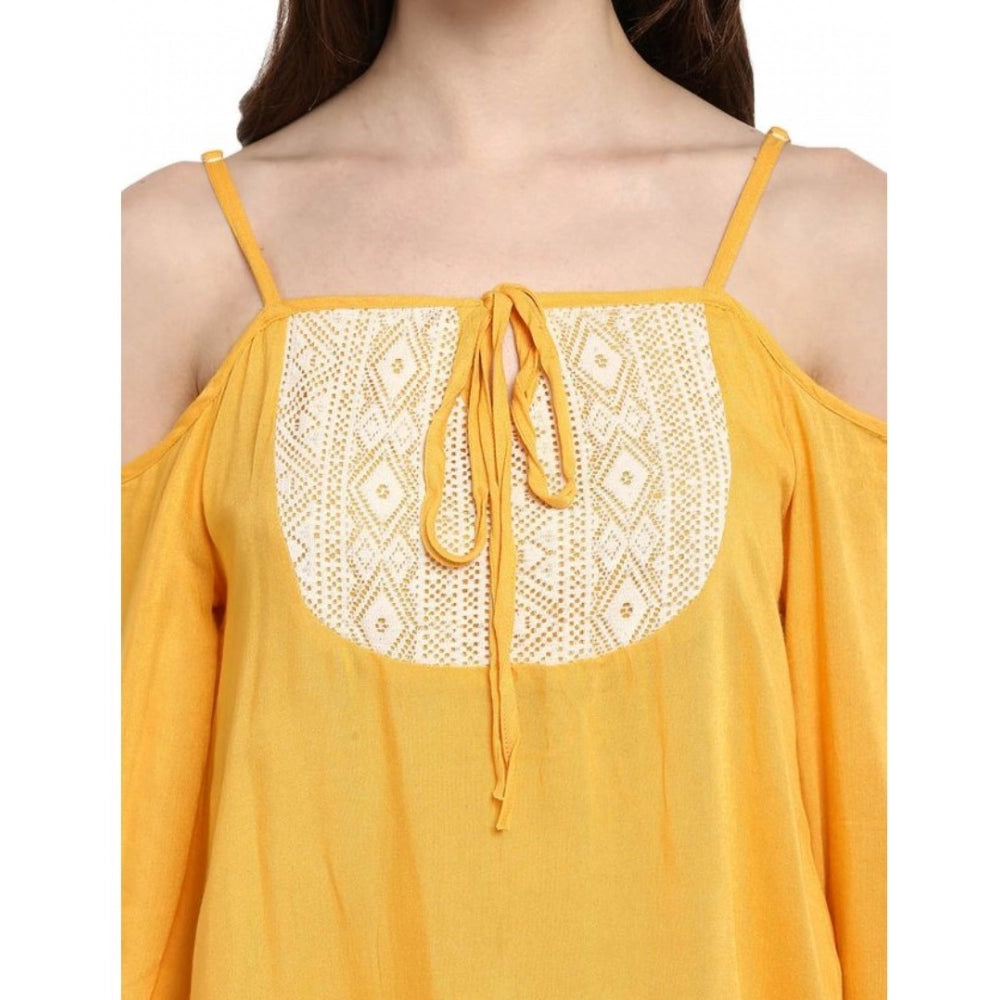 Clothiq Generic Rayon Embellished Cold Shoulder Regular Top (Mustard Yellow)
