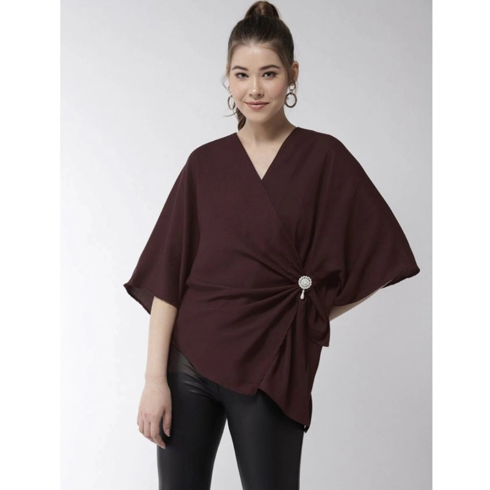 Clothiq Generic Polyester Solid Cape Sleeve Top (Maroon)