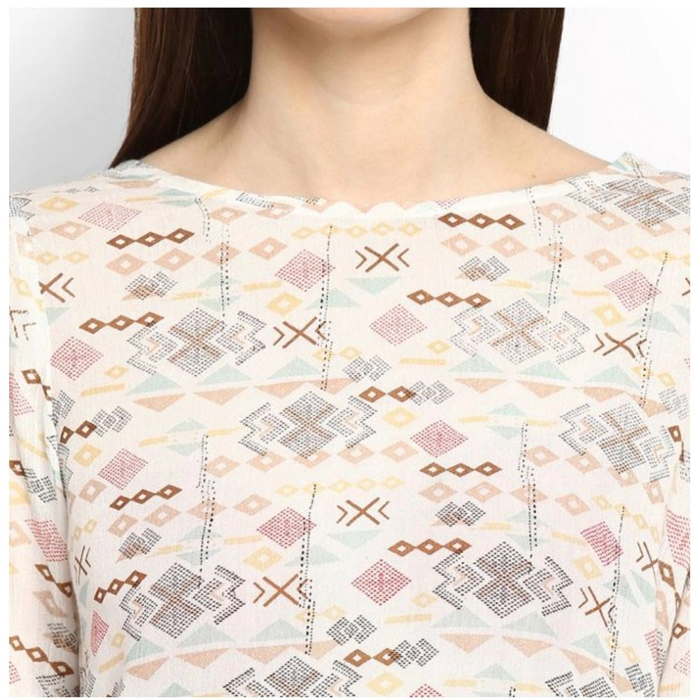 Clothiq Generic Rayon Crepe Printed Ruffle Sleeve Top (Off White - Red)