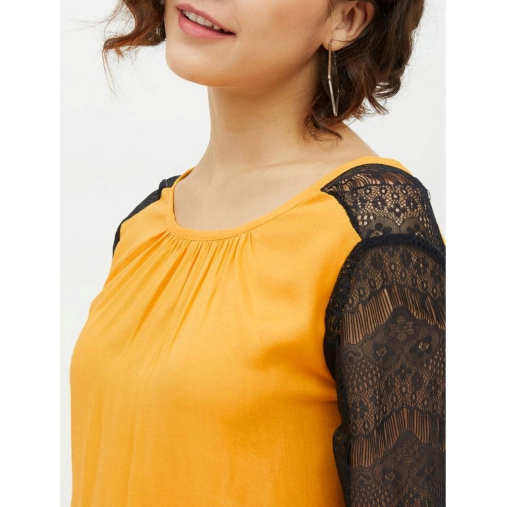 Clothiq Generic Rayon Lace Inserts Long Sleeves Top (Yellow)