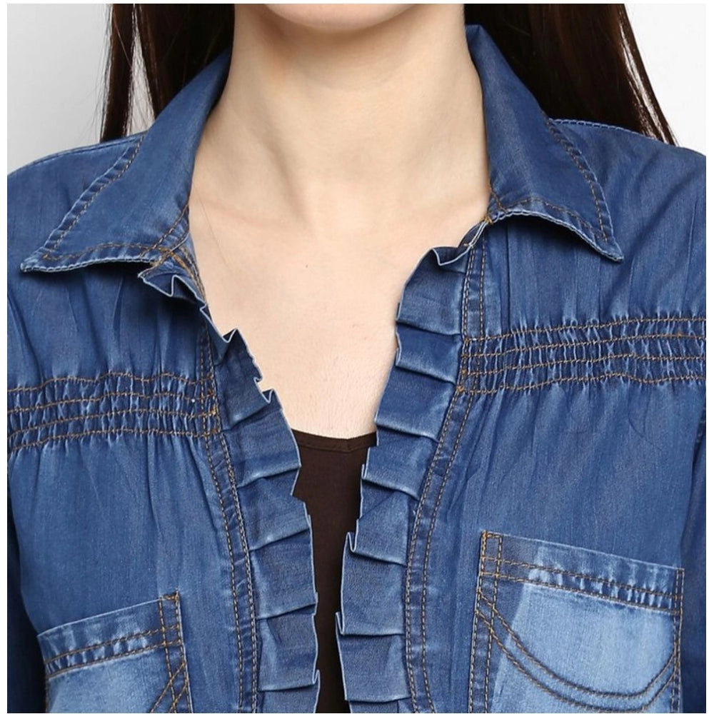Clothiq Generic Denim Pleated 3-4th Sleeves Shrug (Blue)