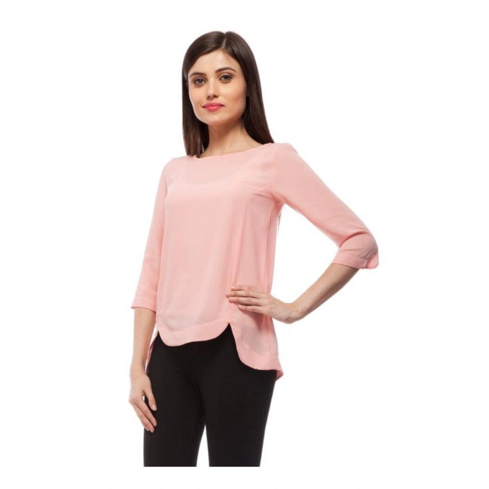 Clothiq Generic Polyester Solid 3-4th Sleeves Regular Top (Peach)