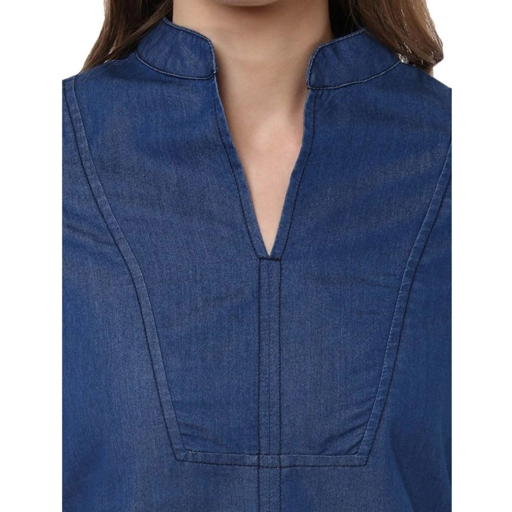 Clothiq Generic Denim Solid Bell Sleeve Regular Top (Blue Denim)