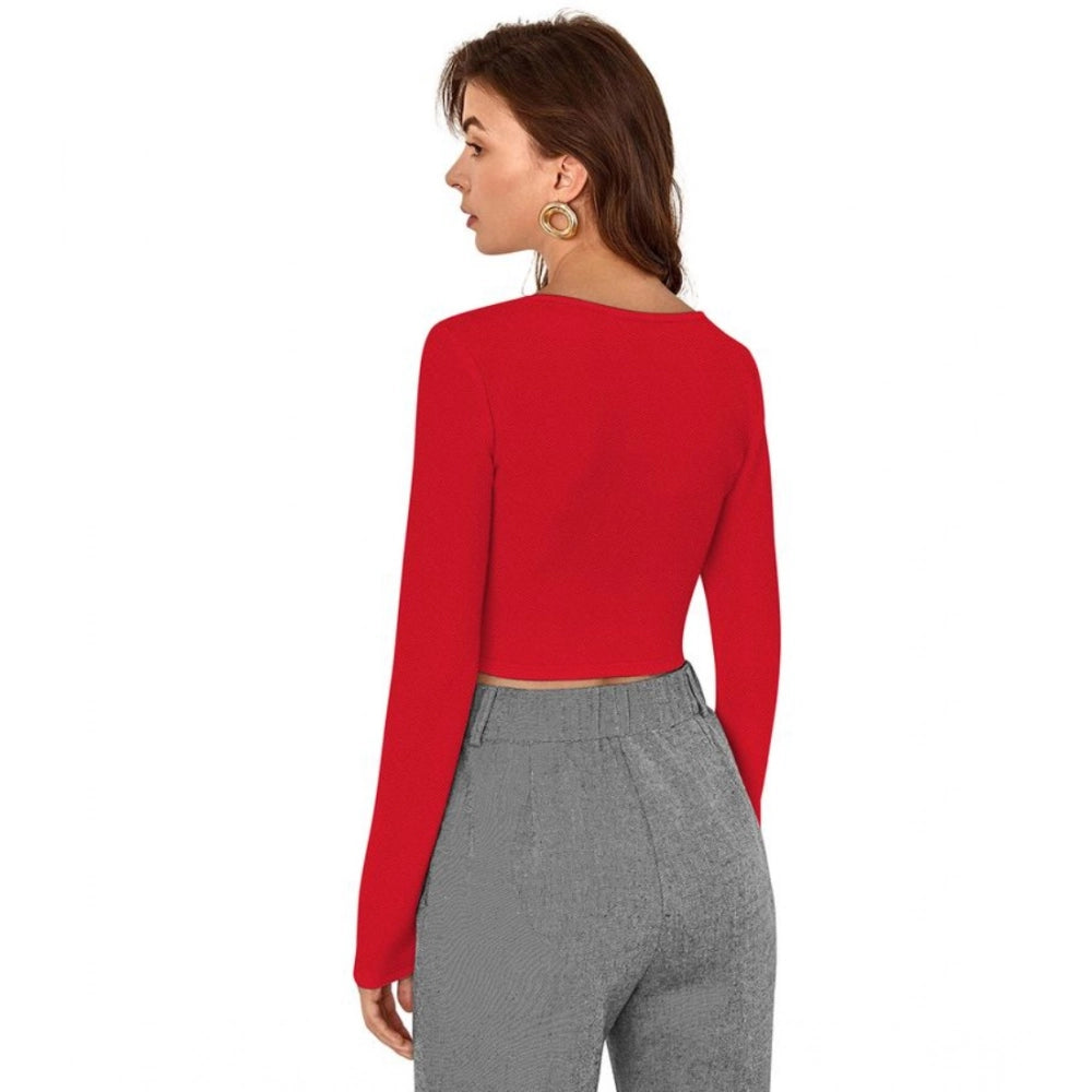 Clothiq Generic Polyester Solid Full Sleeves Square Neck Top (Red)