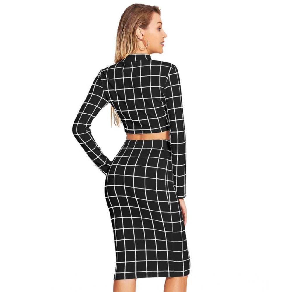 Clothiq Generic Polyester Checkered Full Sleeves Stand Collar Crop Top Skirt Set (Black)