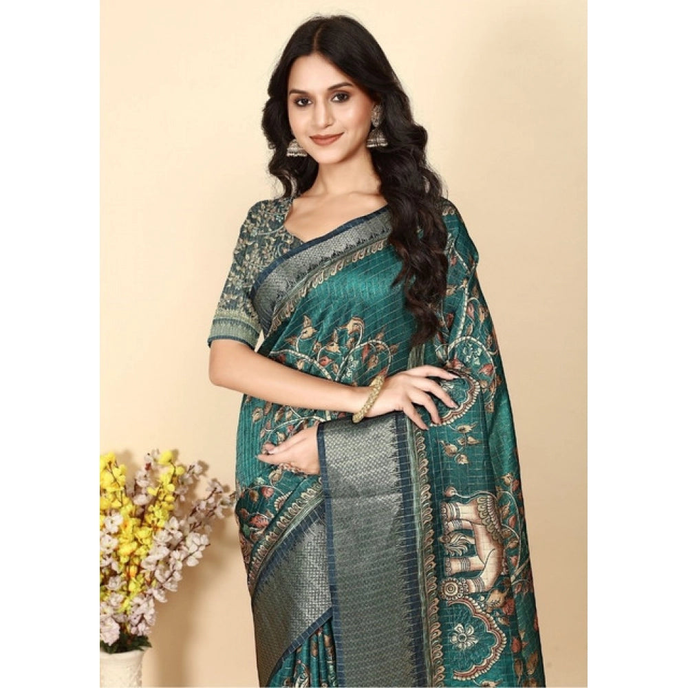 Clothiq Cotton Silk Printed Saree With Unstitched Blouse 5.5Mtr – Teal