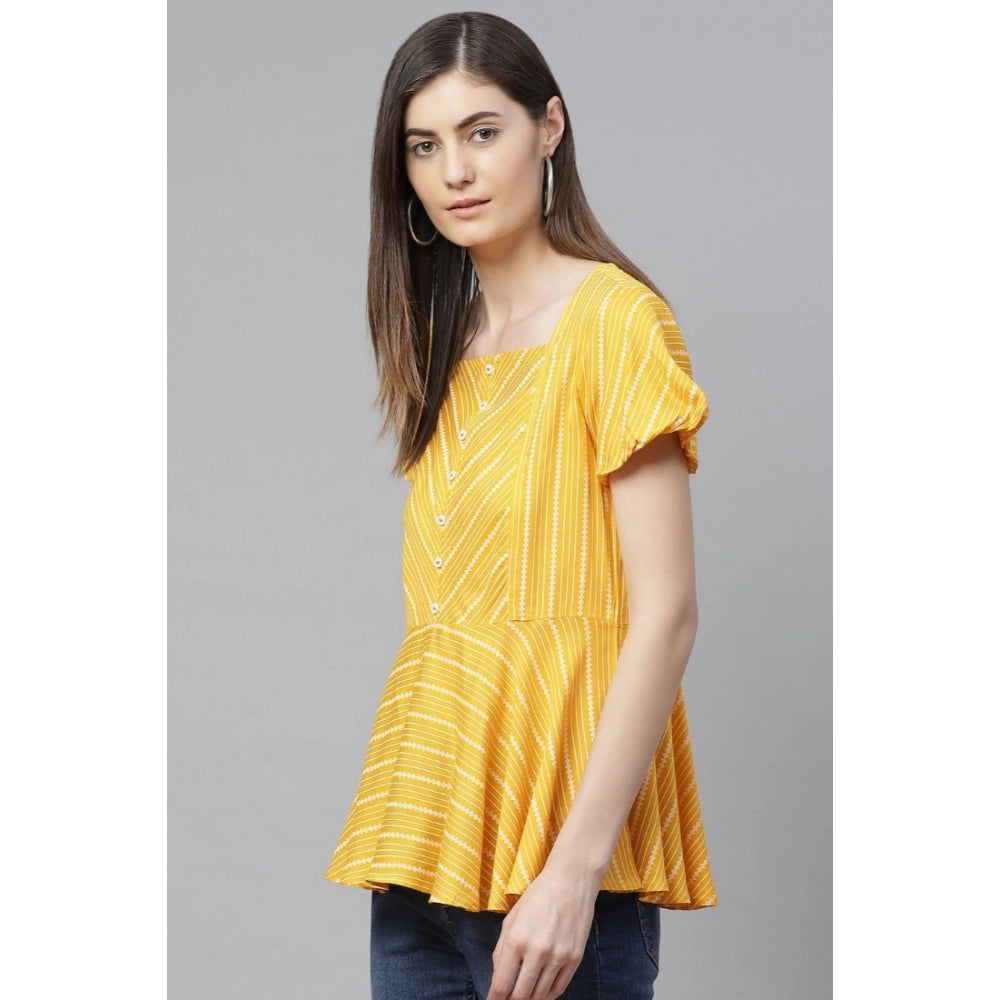 Clothiq Generic Casual Short Sleeves Stripe Printed Rayon Top (Mustard)