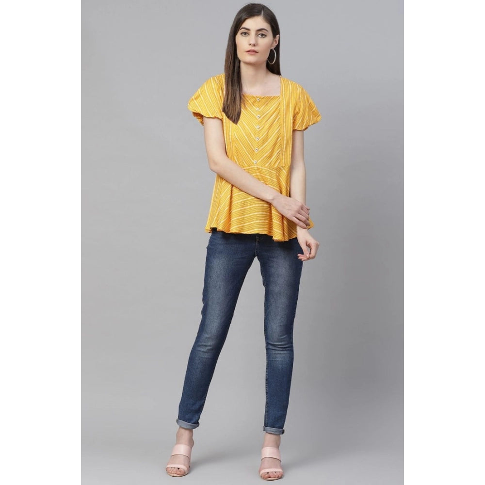 Clothiq Generic Casual Short Sleeves Stripe Printed Rayon Top (Mustard)