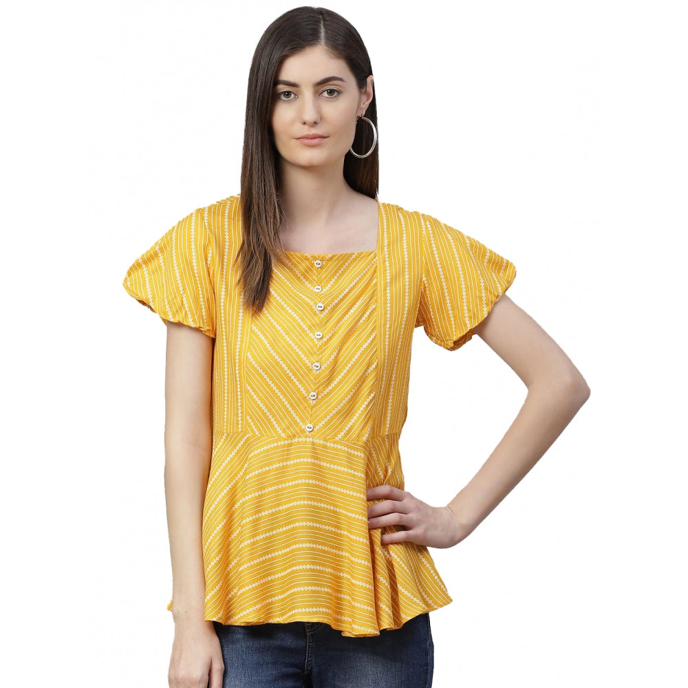 Clothiq Generic Casual Short Sleeves Stripe Printed Rayon Top (Mustard)