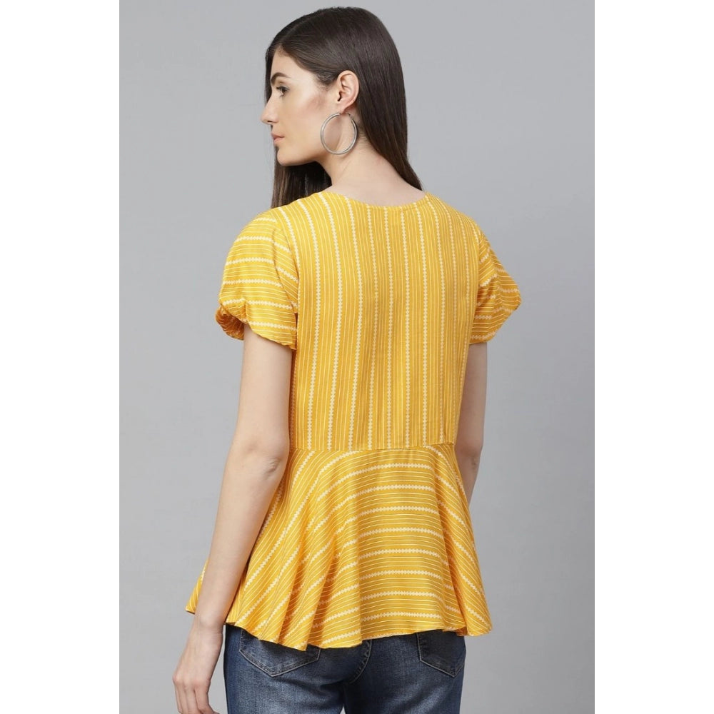 Clothiq Generic Casual Short Sleeves Stripe Printed Rayon Top (Mustard)