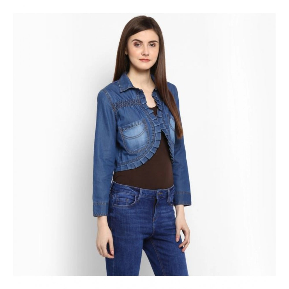 Clothiq Generic Denim Pleated 3-4th Sleeves Shrug (Blue)