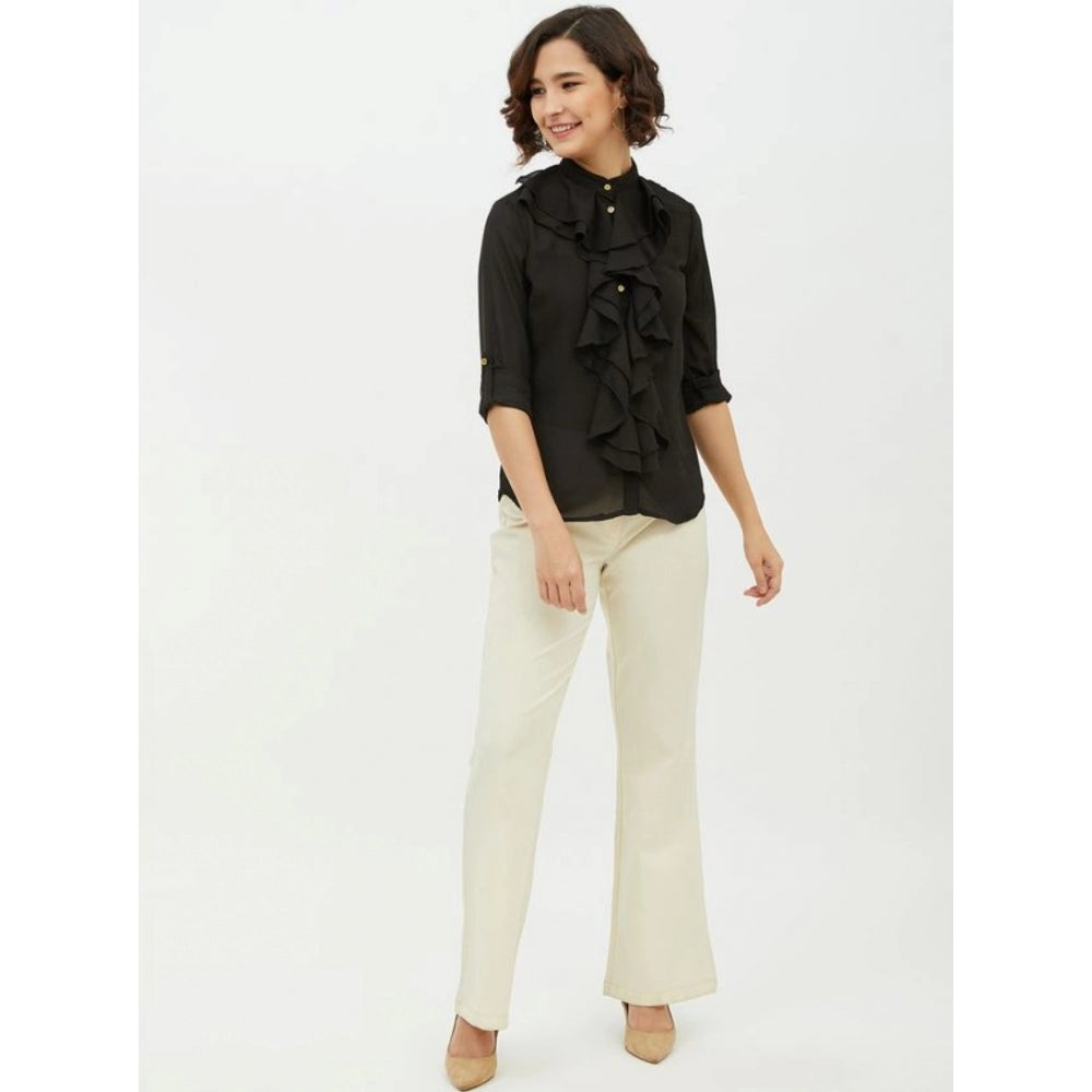 Clothiq Generic Polyester Ruffled Long Sleeves Standard Length Shirt (Black)