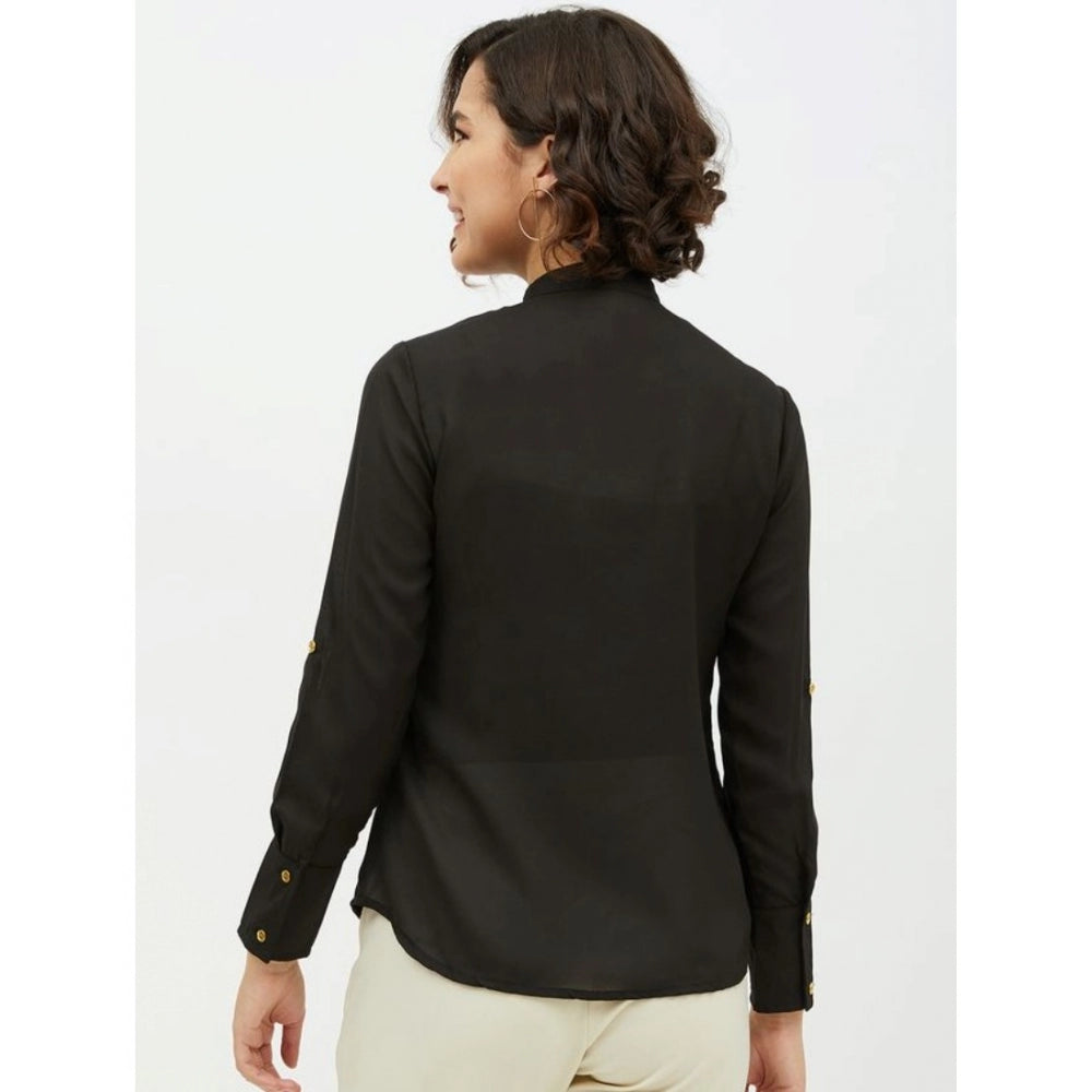 Clothiq Generic Polyester Ruffled Long Sleeves Standard Length Shirt (Black)