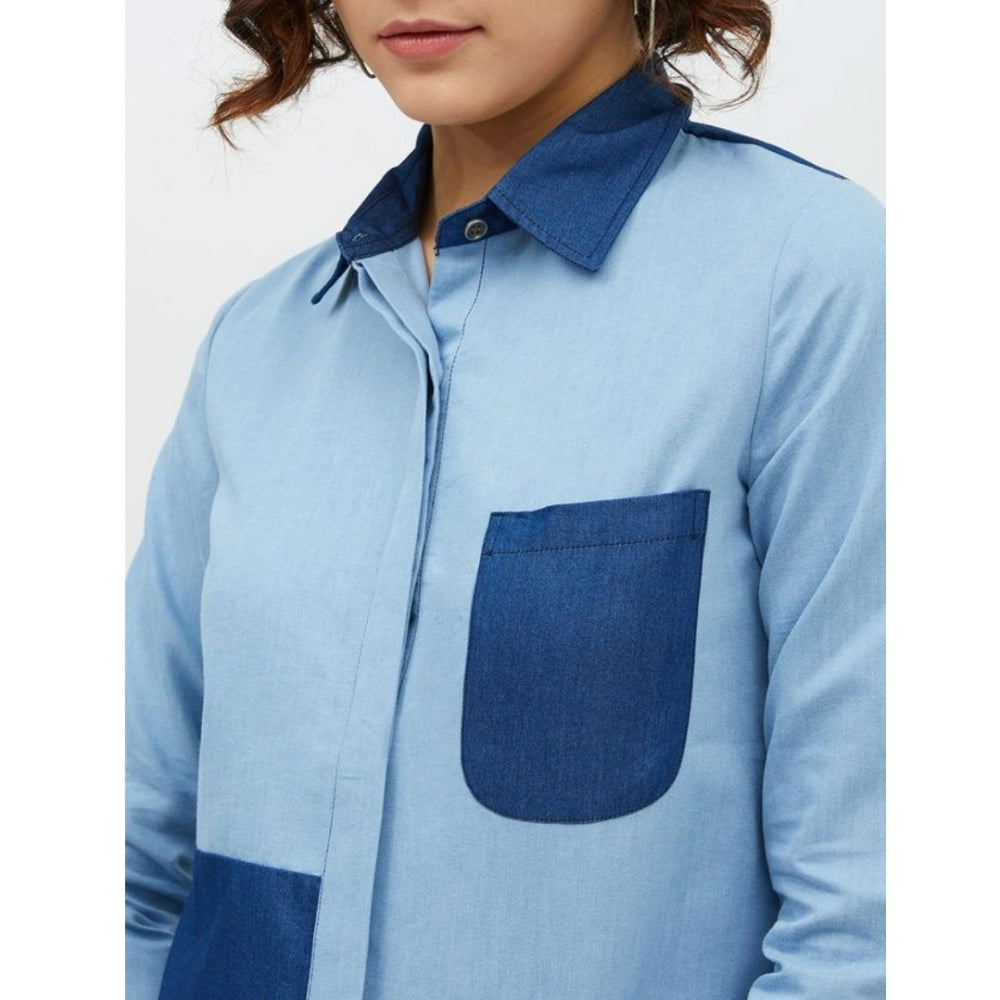 Clothiq Generic Denim Patch Work Long Sleeves Standard Length Shirt (Blue)