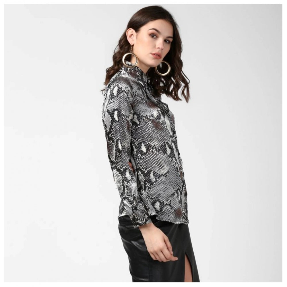 Clothiq Generic Satin Animal Print Long Sleeves Standard Length Shirt (Black - Grey)