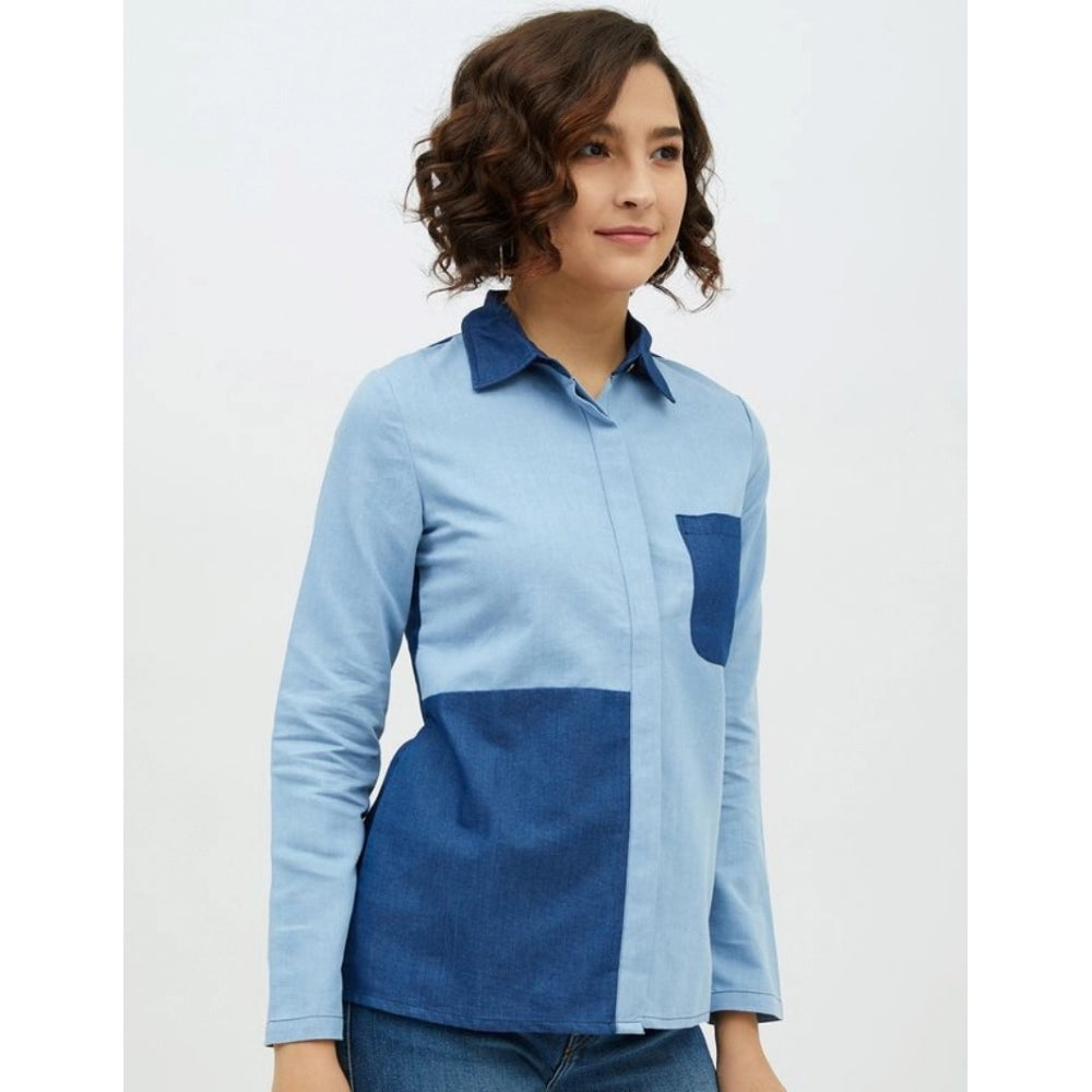 Clothiq Generic Denim Patch Work Long Sleeves Standard Length Shirt (Blue)