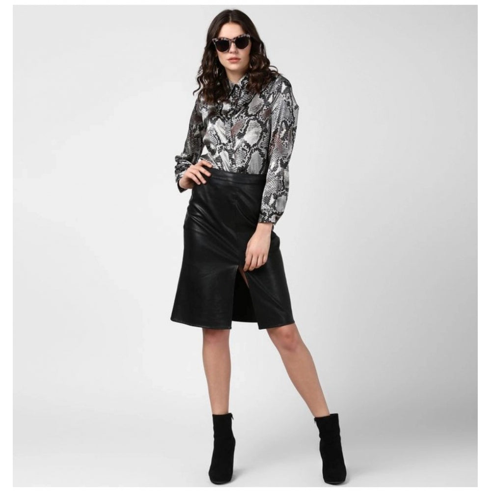 Clothiq Generic Satin Animal Print Long Sleeves Standard Length Shirt (Black - Grey)