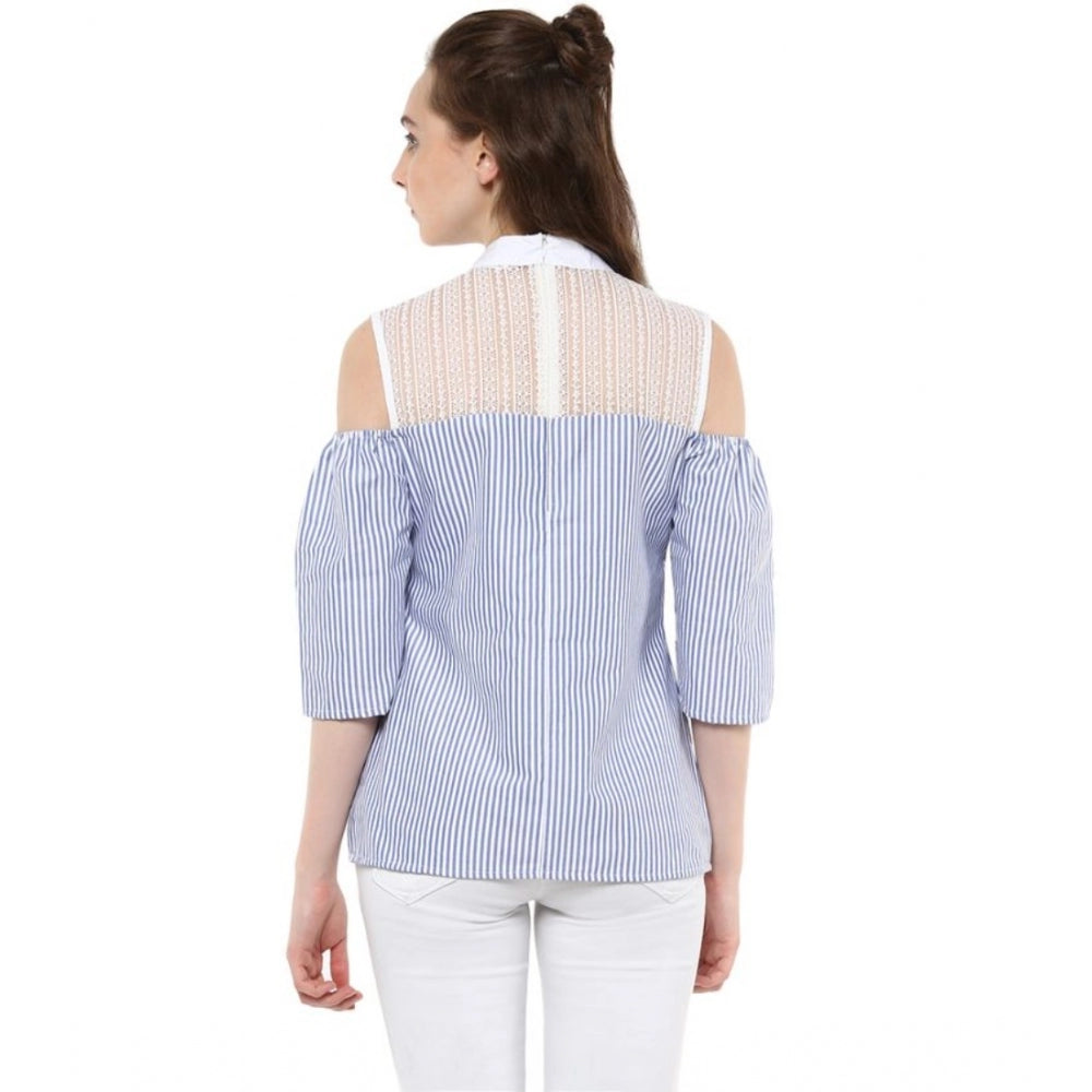 Clothiq Generic Cotton Striped Cold Shoulder Top (Blue)