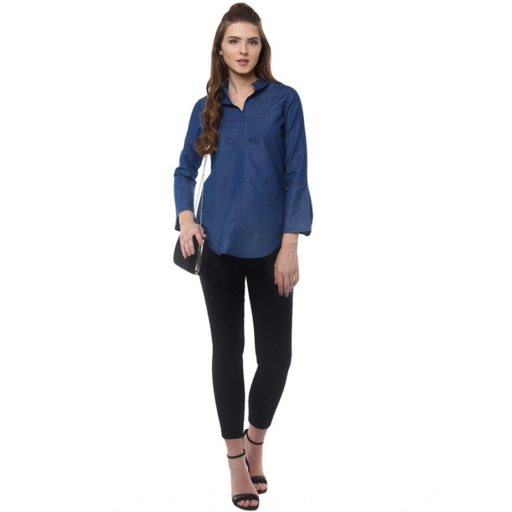 Clothiq Generic Denim Solid Bell Sleeve Regular Top (Blue Denim)