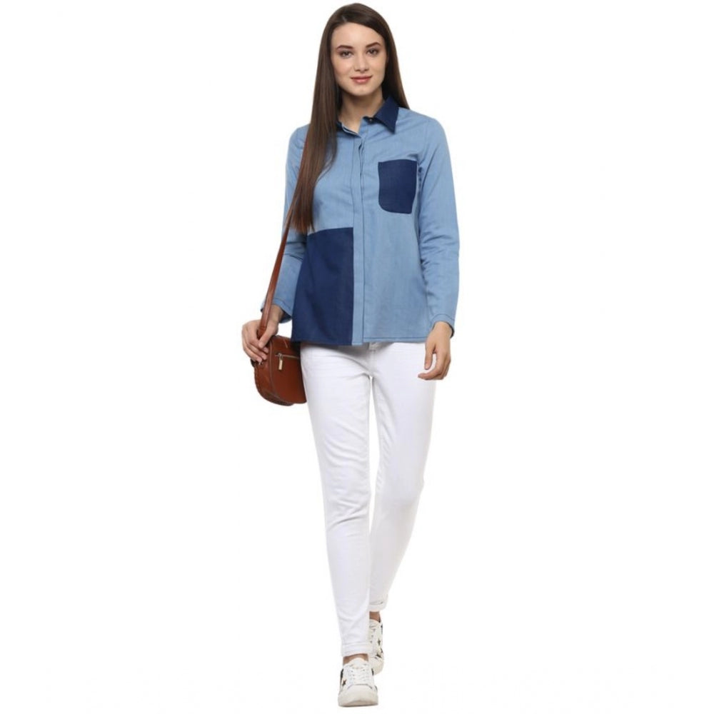 Clothiq Generic Denim Patch Work Long Sleeves Regular Top (Blue)