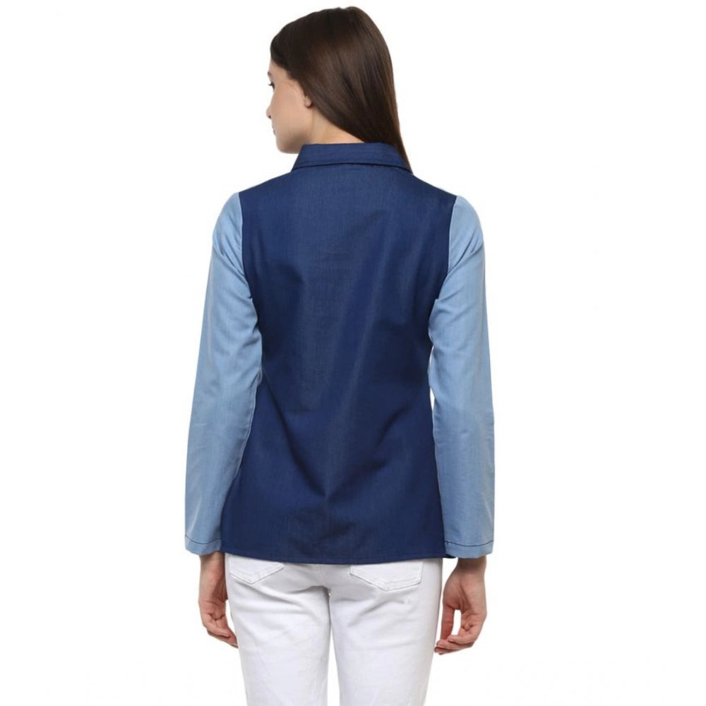 Clothiq Generic Denim Patch Work Long Sleeves Regular Top (Blue)