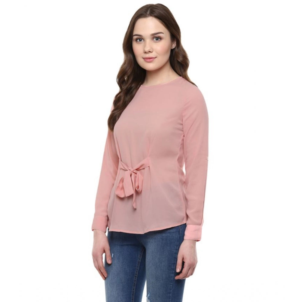 Clothiq Generic Polyester Solid Long Sleeves Regular Top (Pink)