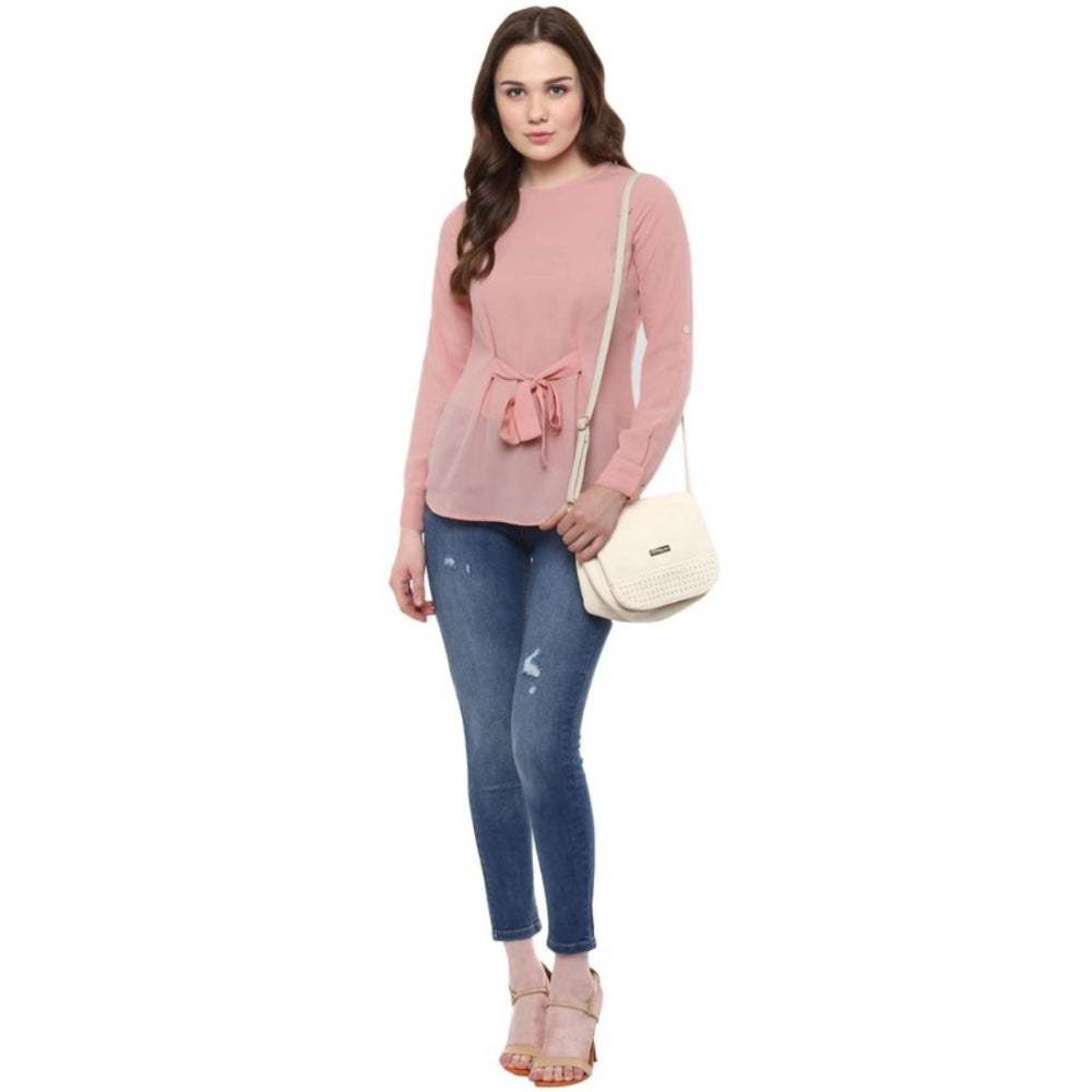Clothiq Generic Polyester Solid Long Sleeves Regular Top (Pink)