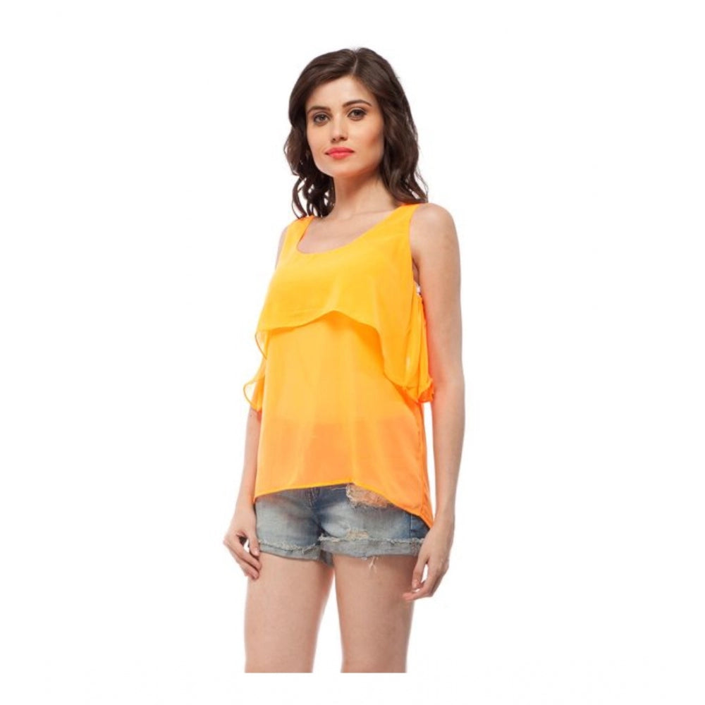 Clothiq Generic Polyester Solid Sleeveless Regular Top (Orange)