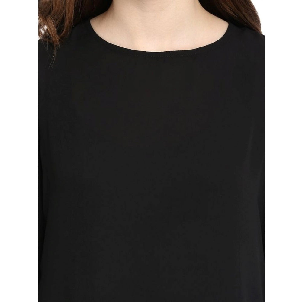 Clothiq Generic Polyester Georgette Self Design Bell Sleeve Regular Top (Black)