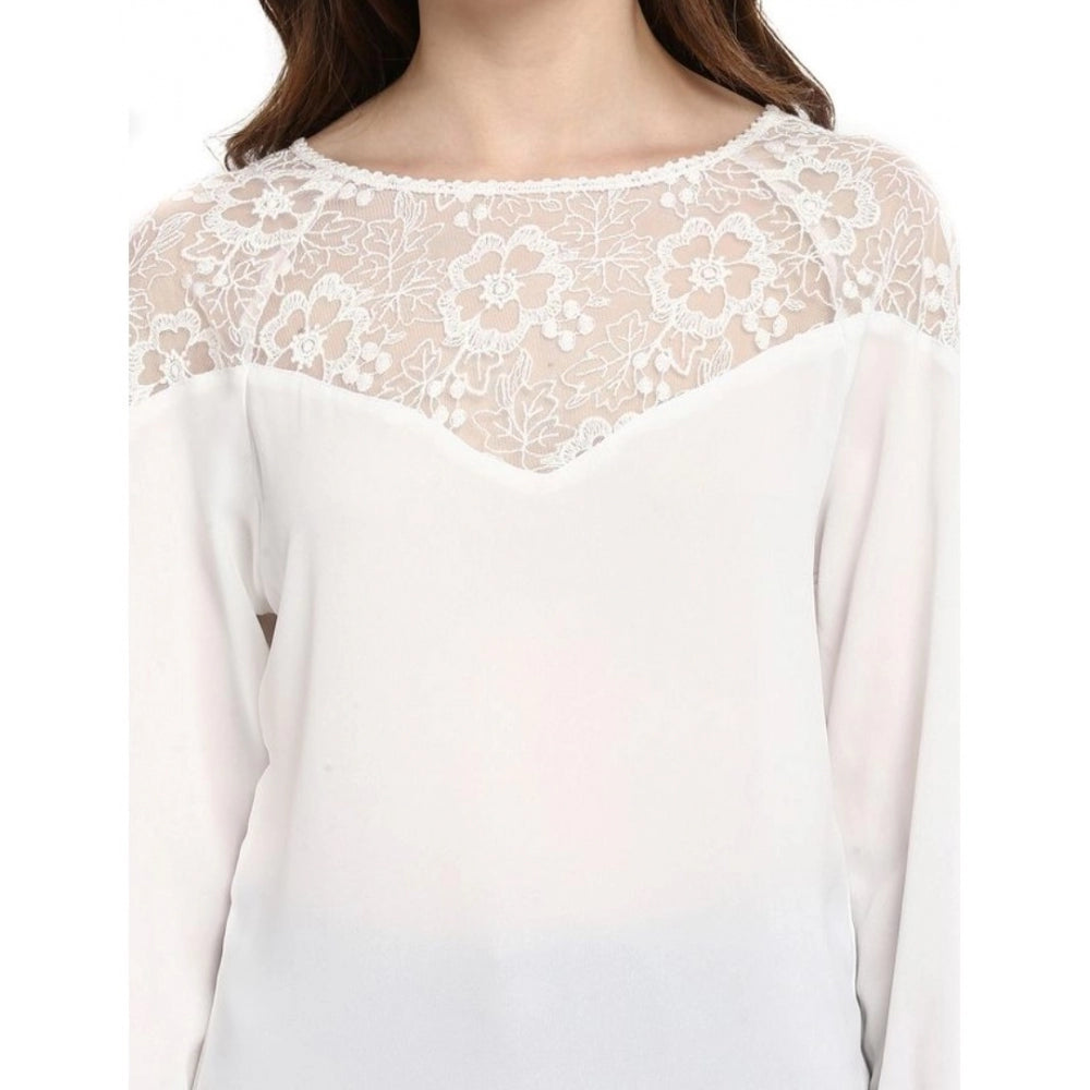 Clothiq Generic Polyester Georgette Self Design 3-4th Sleeves Regular Top (White)