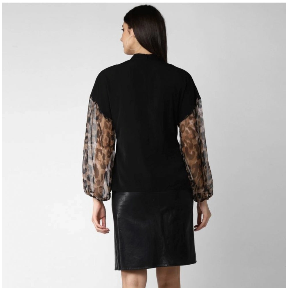 Clothiq Generic Polyester Animal Print Long Sleeves Top (Black)