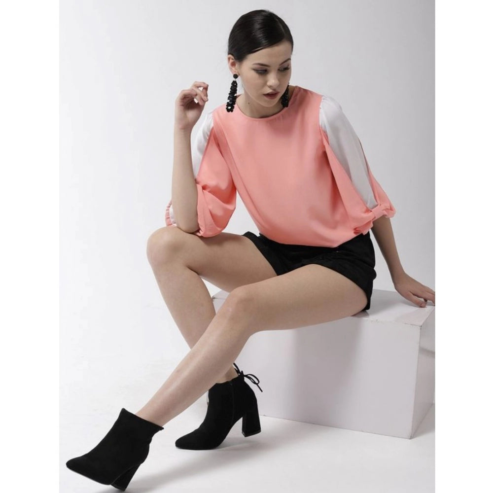 Clothiq Generic Polyester Colour Block Slit Sleeve Top (Pink)