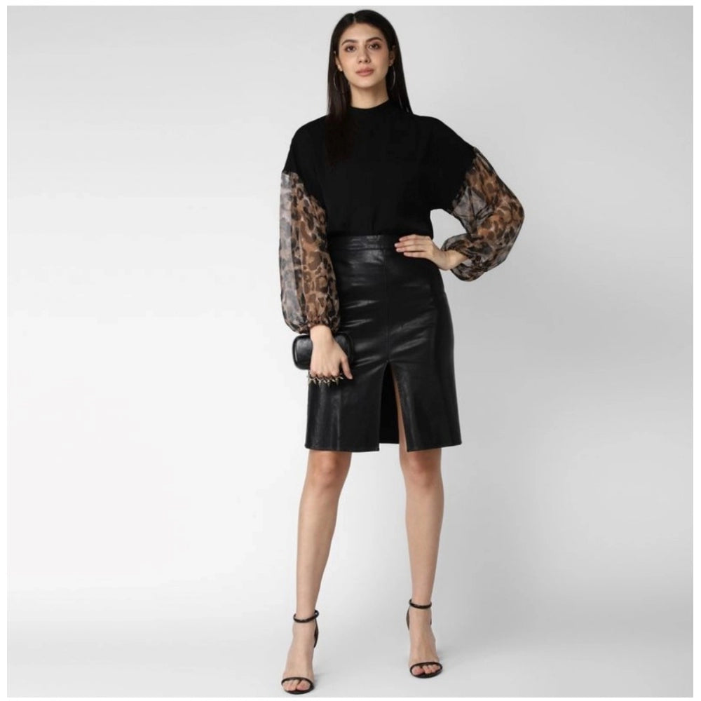 Clothiq Generic Polyester Animal Print Long Sleeves Top (Black)