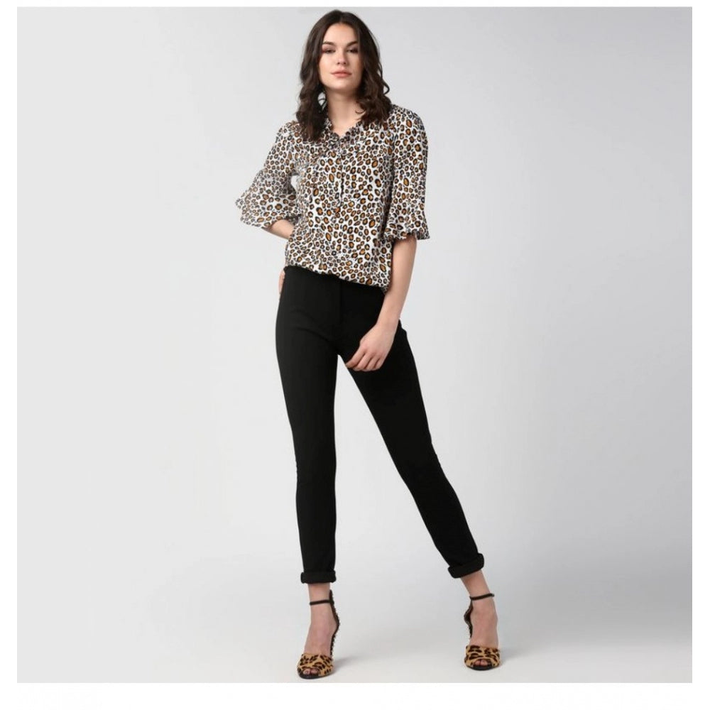Clothiq Generic Polyester Animal Print Bell Sleeve Top (Orange - Black)