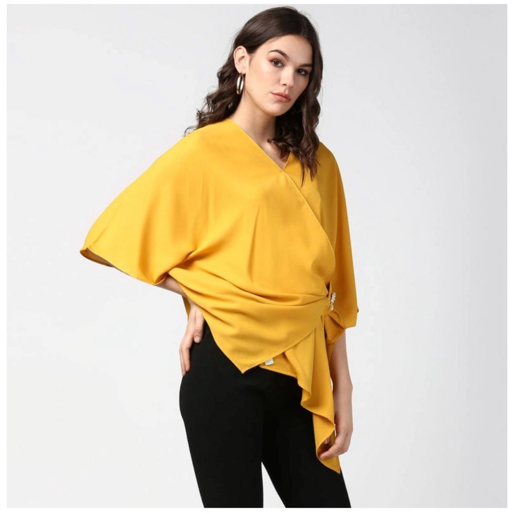 Clothiq Generic Polyester Solid Cape Sleeve Top (Yellow)