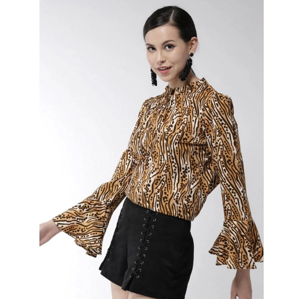 Clothiq Generic Polyester Printed Bell Sleeve Top (Orange - Black)
