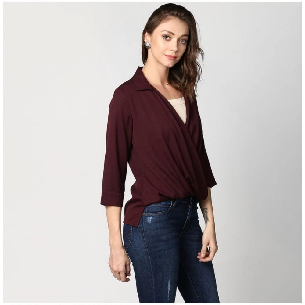 Clothiq Generic Polyester Solid 3-4th Sleeves Top (Maroon)