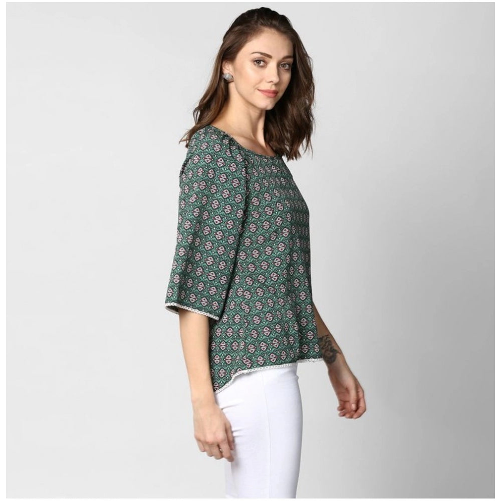 Clothiq Generic Polyester Printed 3-4th Sleeves Top (Green)