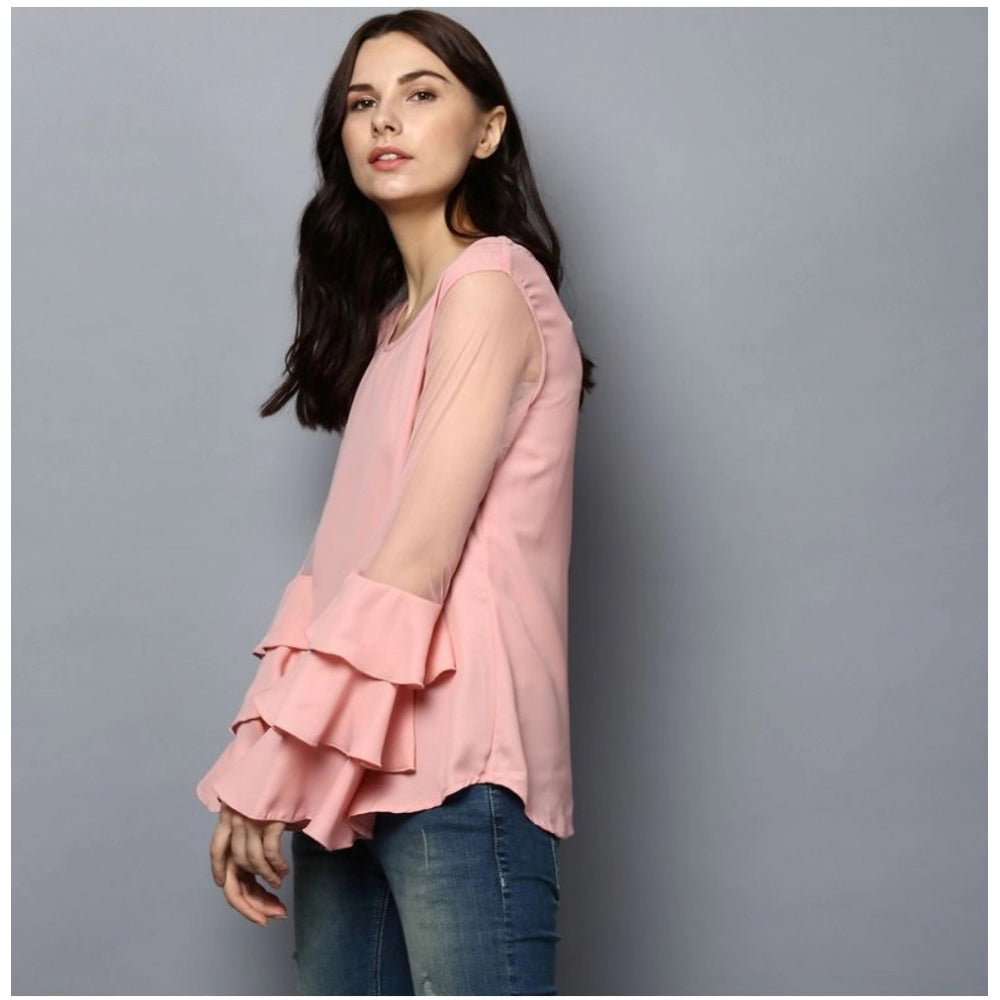 Clothiq Generic Polyester Solid Tier Sleeve Top (Pink)