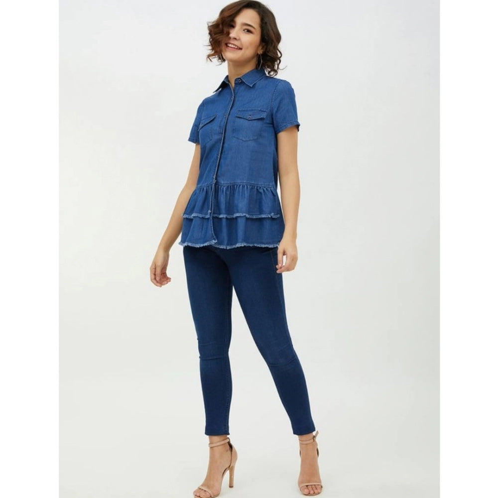 Clothiq Generic Denim Peplum Short Sleeve Top (Blue)