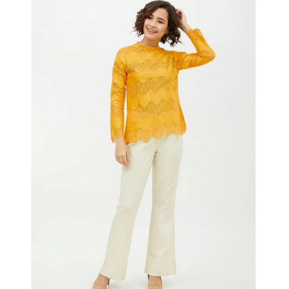 Clothiq Generic Cotton Lace Inserts Long Sleeves Top (Yellow)