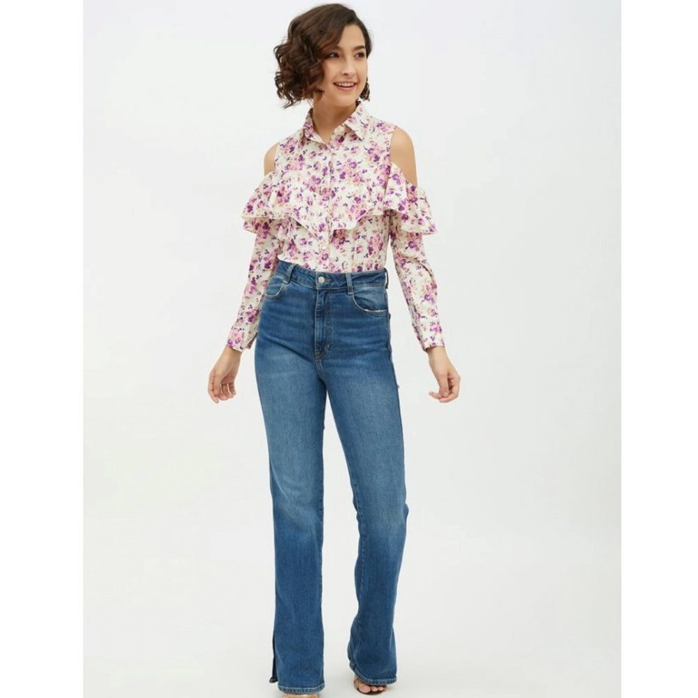 Clothiq Generic Polyester Floral Cold Shoulder Standard Length Shirt (White)