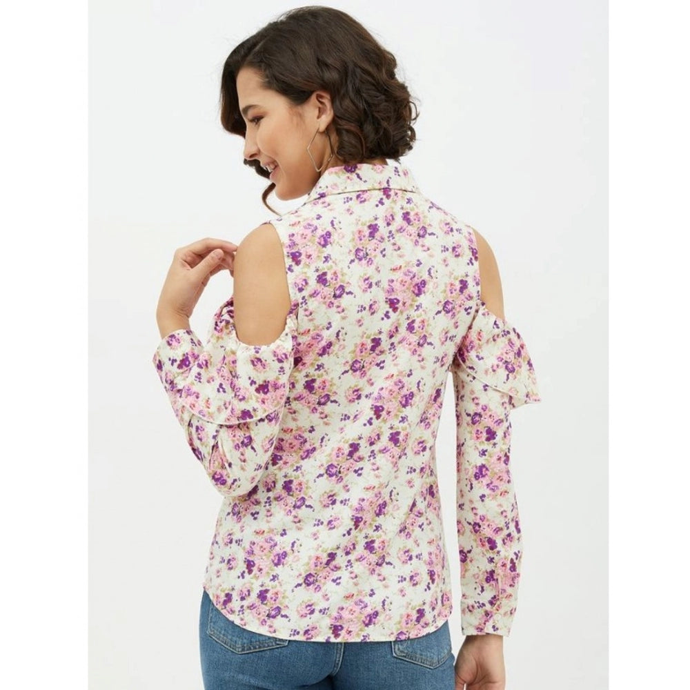Clothiq Generic Polyester Floral Cold Shoulder Standard Length Shirt (White)