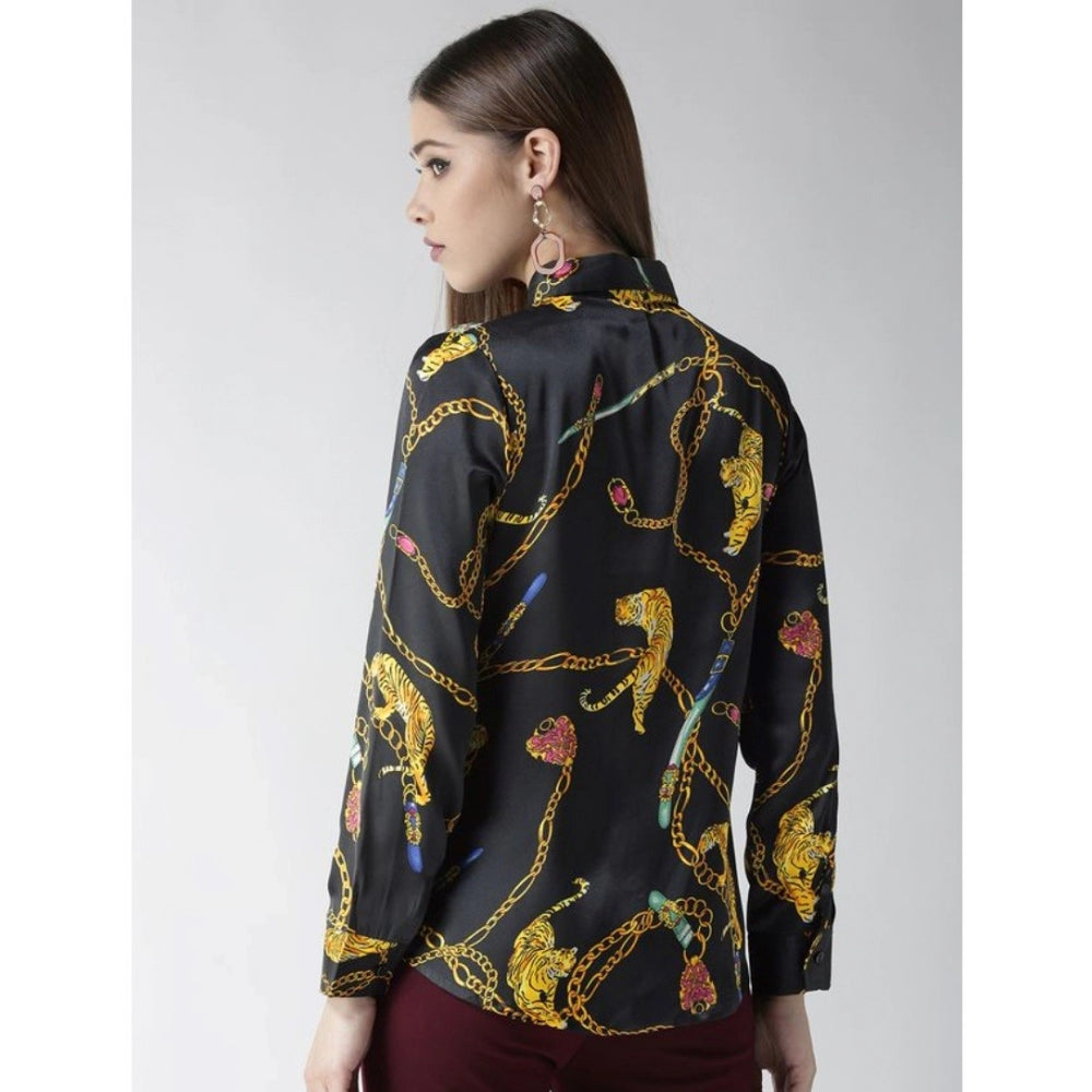 Clothiq Generic Satin Printed Long Sleeves Standard Length Shirt (Black - Gold)