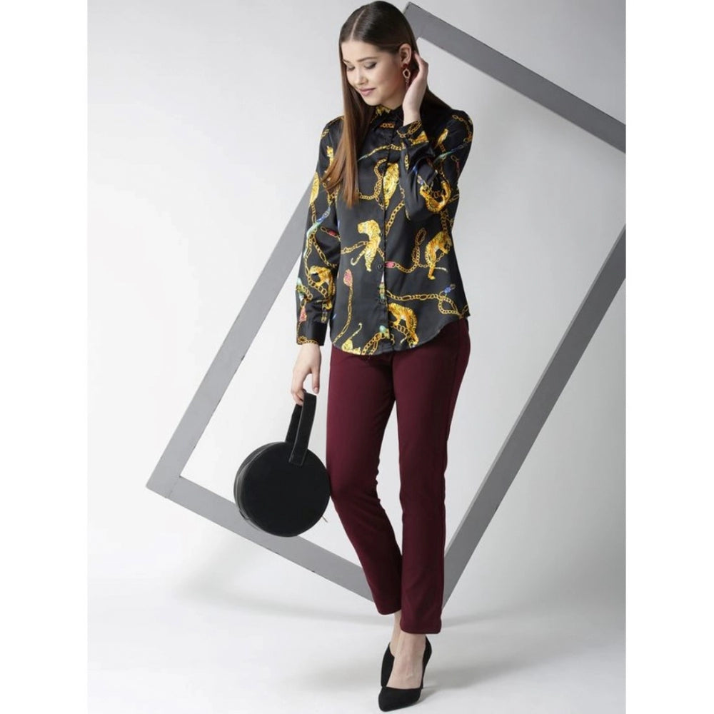 Clothiq Generic Satin Printed Long Sleeves Standard Length Shirt (Black - Gold)