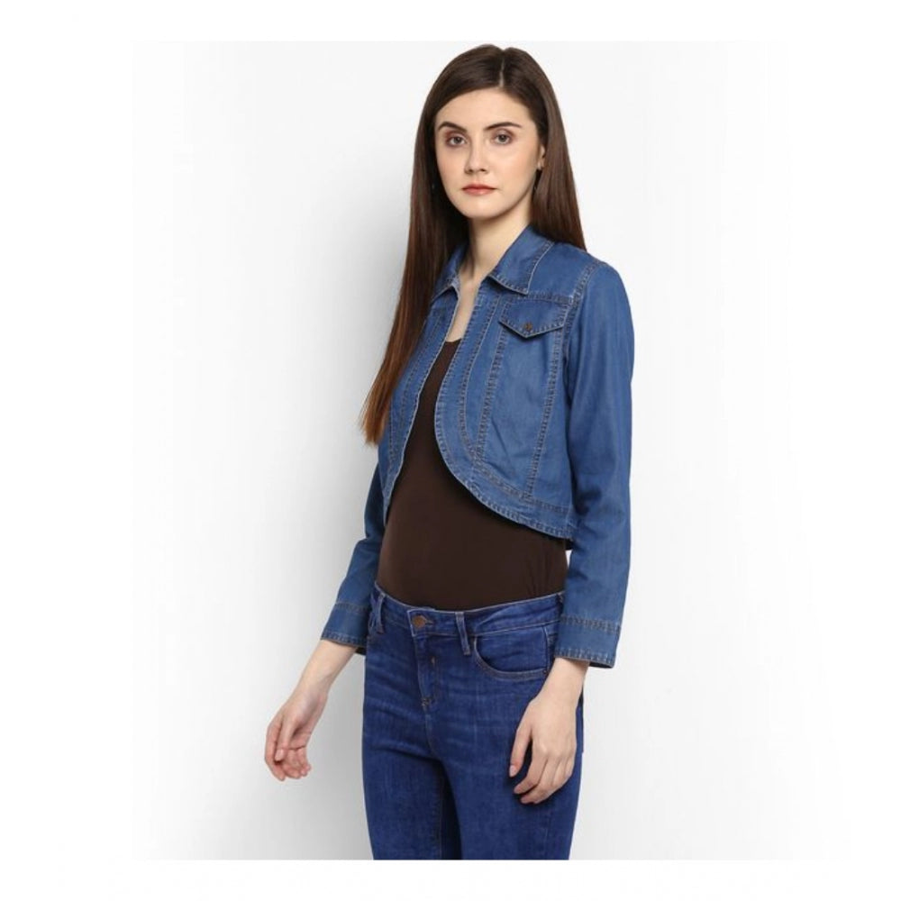 Clothiq Generic Denim Solid 3-4th Sleeves Shrug (Blue)