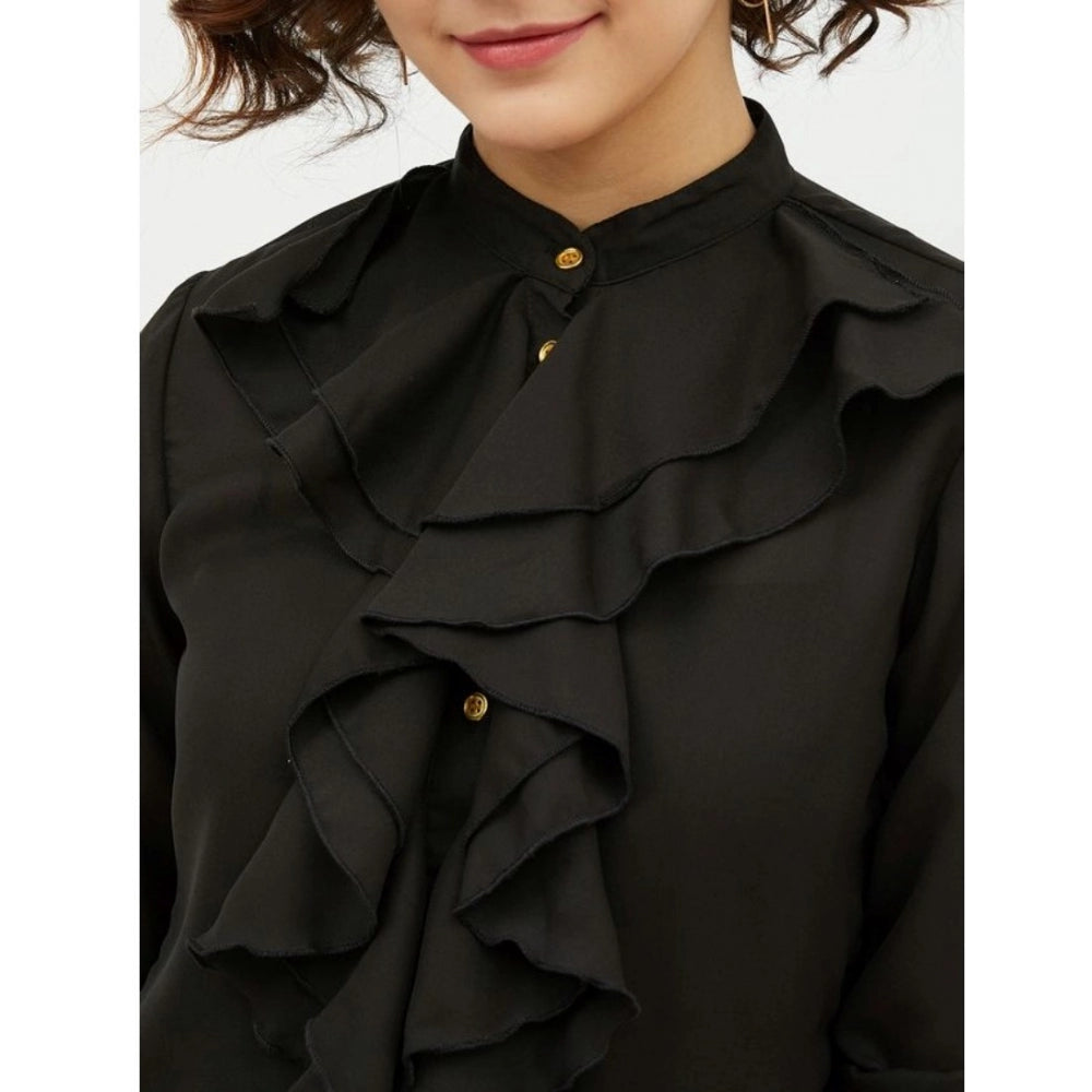 Clothiq Generic Polyester Ruffled Long Sleeves Standard Length Shirt (Black)