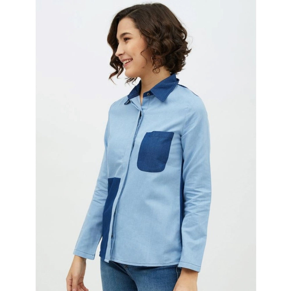 Clothiq Generic Denim Patch Work Long Sleeves Standard Length Shirt (Blue)