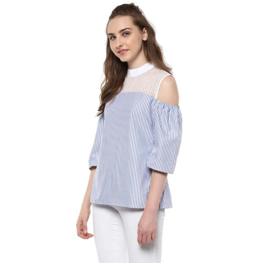Clothiq Generic Cotton Striped Cold Shoulder Top (Blue)
