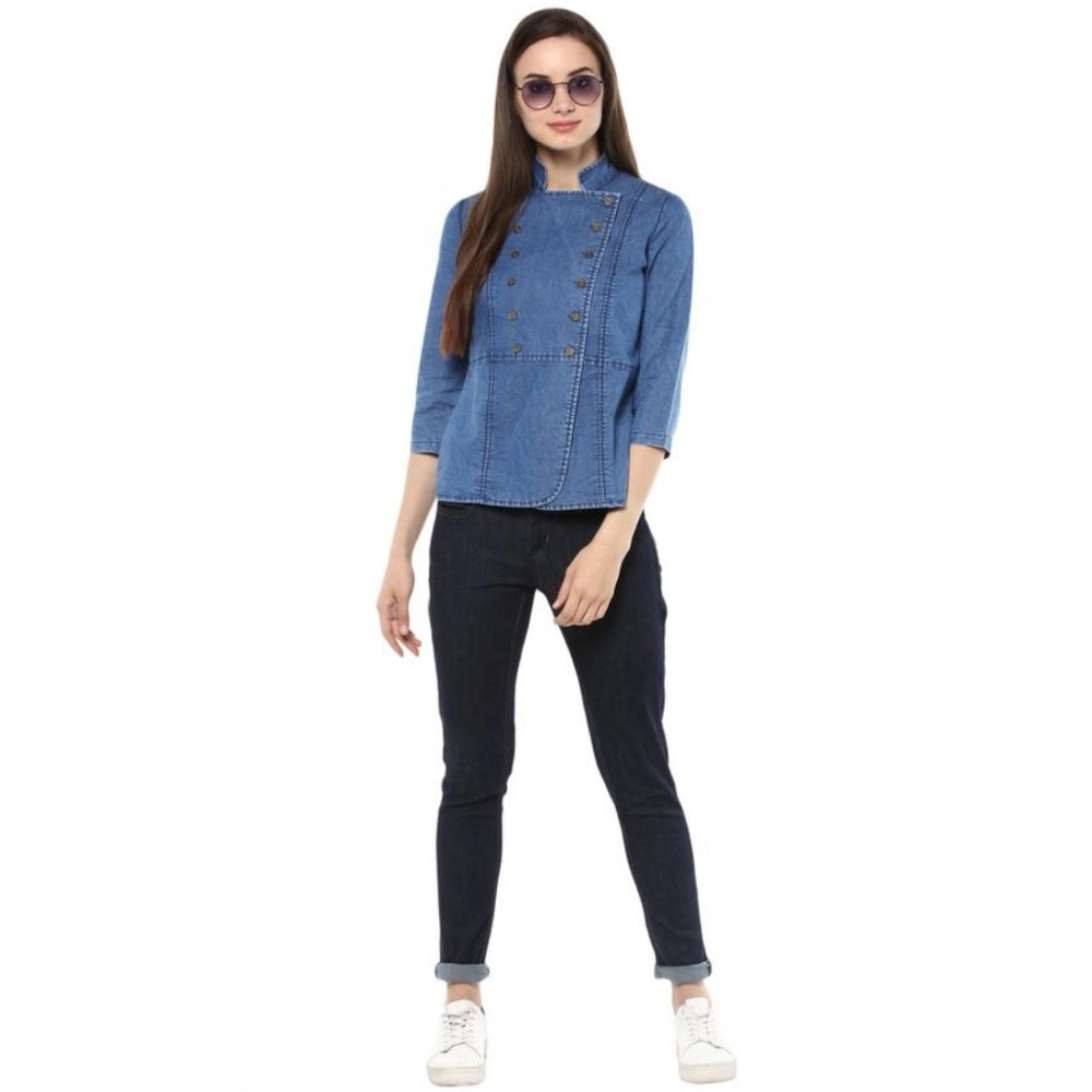 Clothiq Generic Denim Solid 3-4th Sleeves Regular Top (Blue)